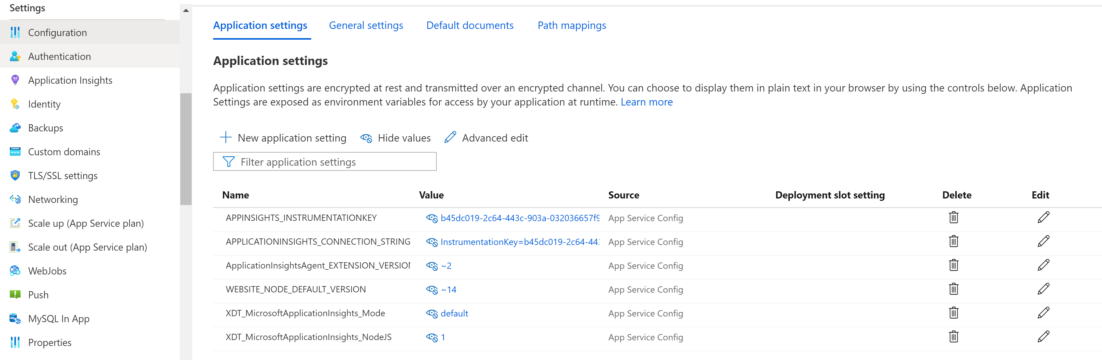 Capture d’écran de Paramètres d’application App Service avec les paramètres Application Insights disponibles.