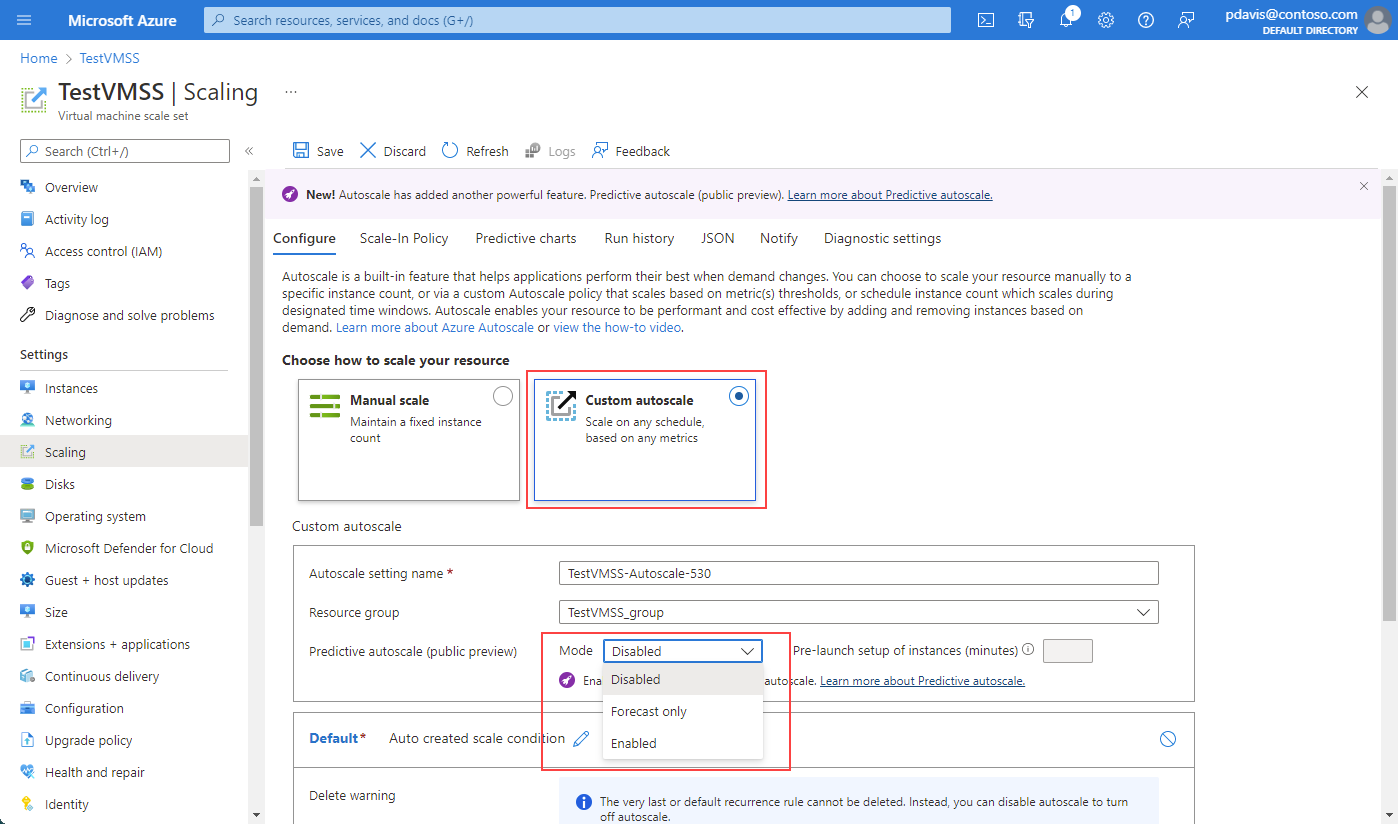 Capture d'écran qui montre la sélection de l'option Mise à l'échelle automatique et de l'option Mise à l'échelle automatique prédictive dans le portail Azure.