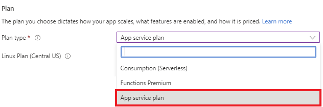 Capture d'écran de l'endroit où sélectionner le plan d'App Service dans la liste déroulante lors de la création de l'application Fonctions.