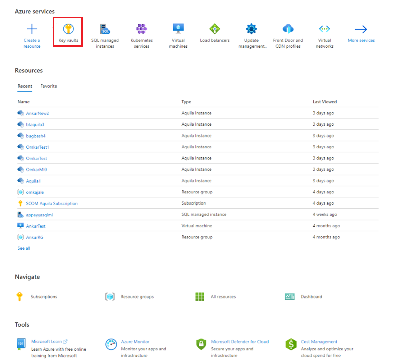 Capture d’écran montrant l’icône pour les coffres de clés dans le portail Azure.