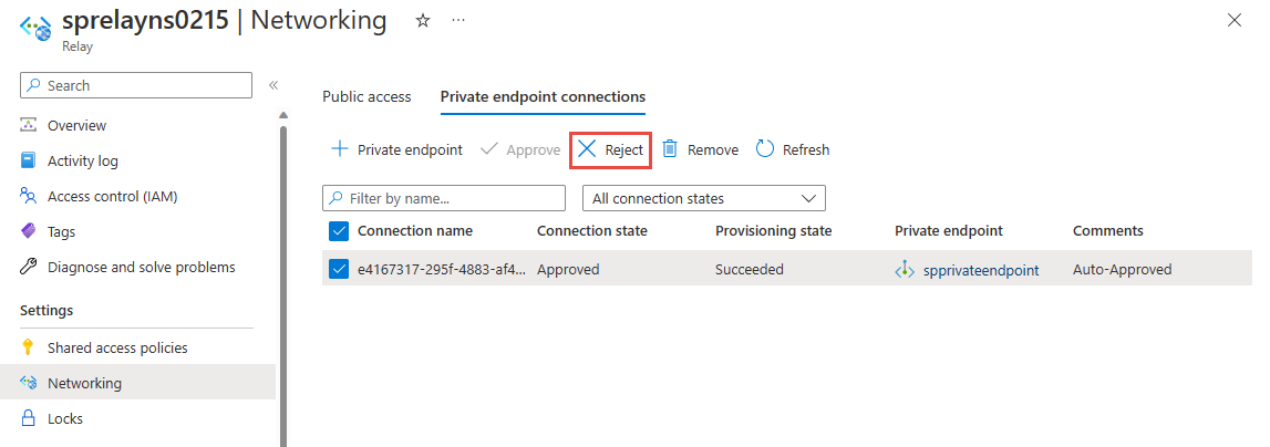 Capture d’écran montrant le bouton Rejeter dans la barre de commandes du point de terminaison privé sélectionné.
