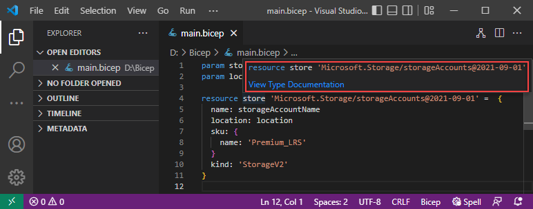 Capture d’écran du lien permettant de voir la documentation relative au type dans Bicep pour Visual Studio Code.
