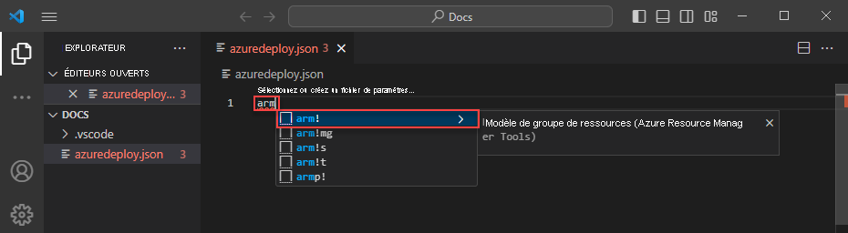 Capture d’écran d’extraits de code de génération de modèles automatique Azure Resource Manager.