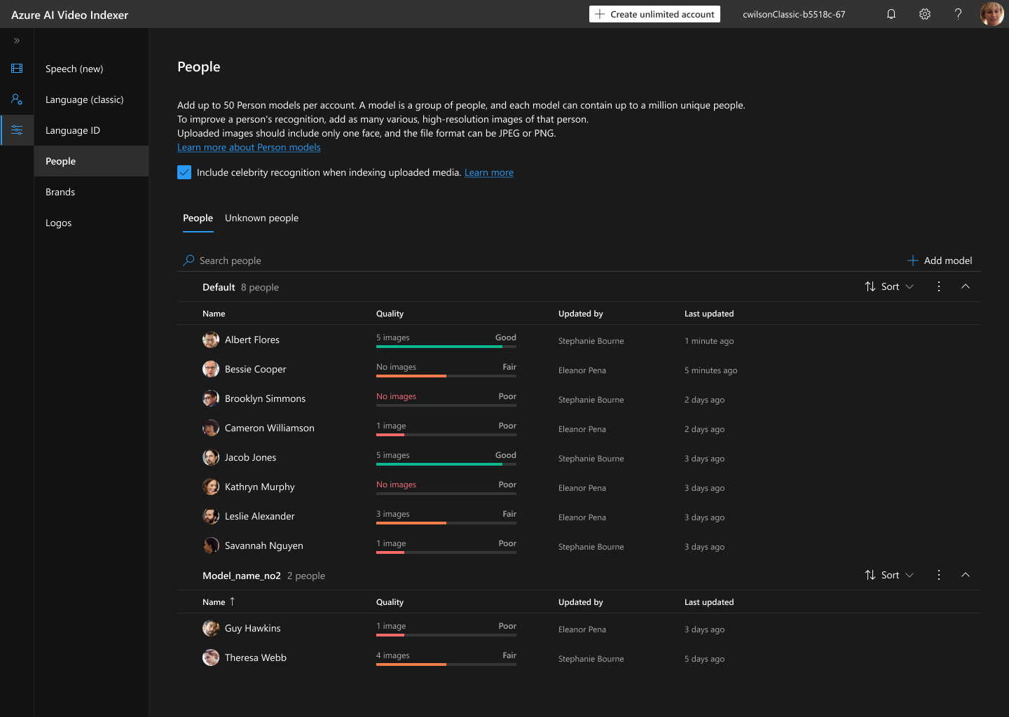 Screenshot of the video indexer interface showing the quality of people model results