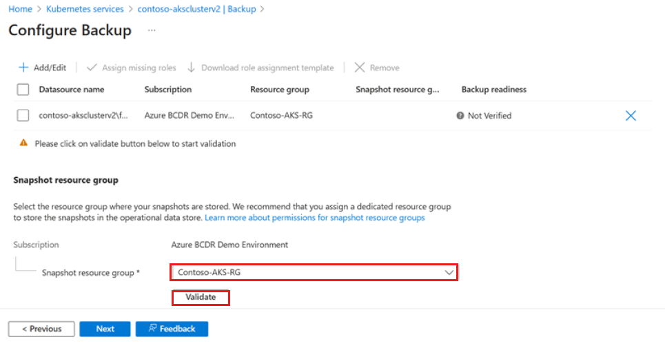 Screenshot that shows how to validate the snapshot resource group.