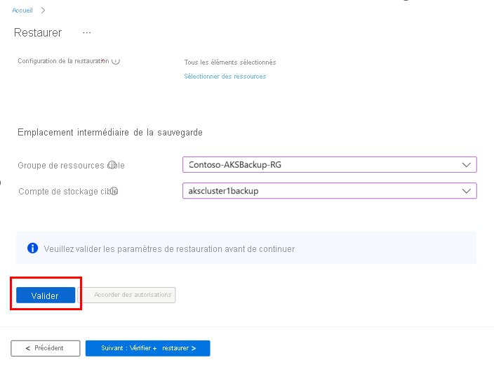 Capture d’écran montrant la validation des paramètres de restauration.