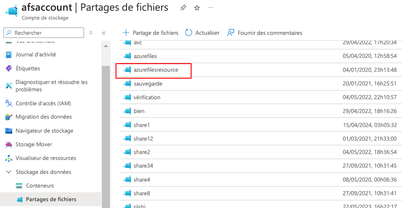 Capture d’écran montrant la liste Partages de fichiers.