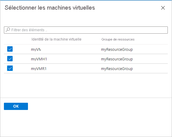 Volet Sélectionner les machines virtuelles