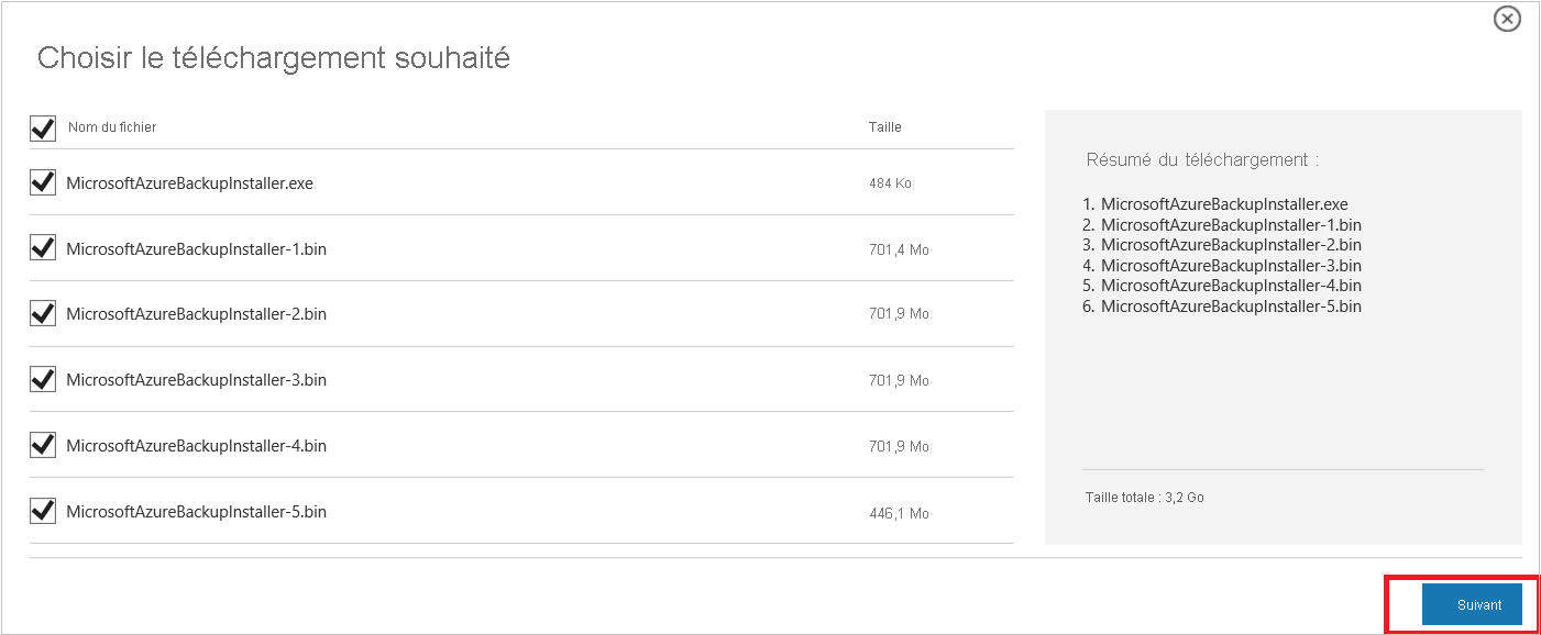 Capture d'écran présentant les fichiers de sauvegarde Microsoft Azure à télécharger.