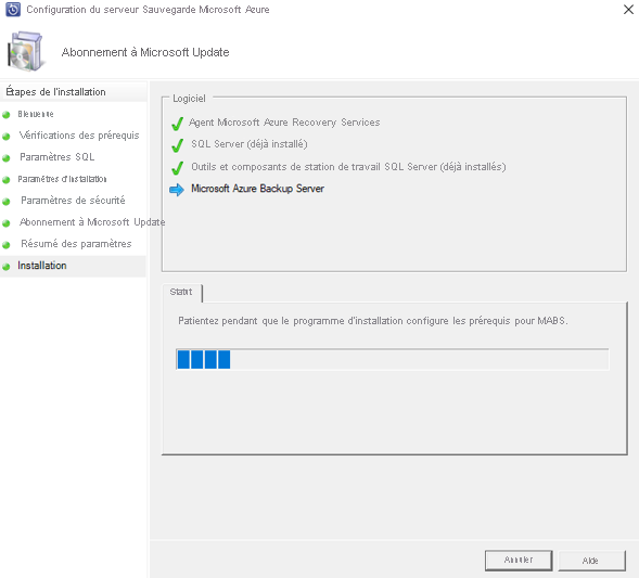 Screenshot shows the Azure Backup Server setup progress.