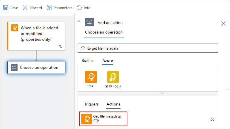 Screenshot shows Azure portal, Standard workflow designer, search box with