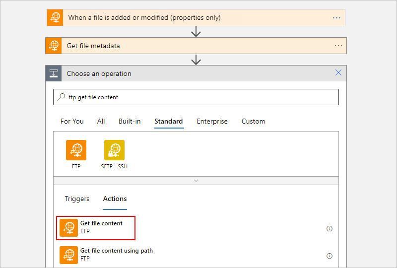Screenshot shows the Azure portal, Consumption workflow designer, search box with