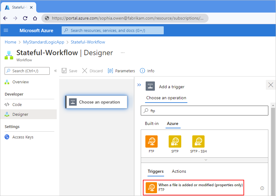Screenshot shows the Azure portal, Standard workflow designer, search box with