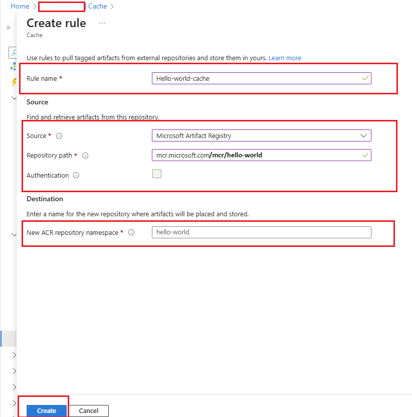 Capture d’écran de l’enregistrement de la règle de mise en cache dans le portail Azure.