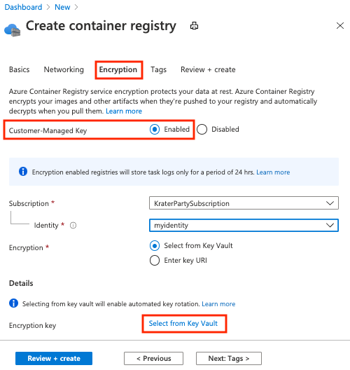 Capture d’écran montrant les options de création d’un registre chiffré dans le portail Azure.