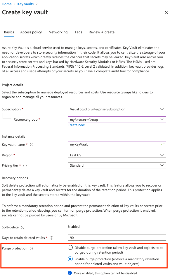 Capture d’écran des options de création d’un coffre de clés dans le portail Azure.