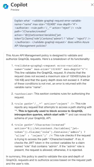 Capture d’écran de Microsoft Azure Copilot fournissant des informations sur une stratégie Gestion des API spécifique.