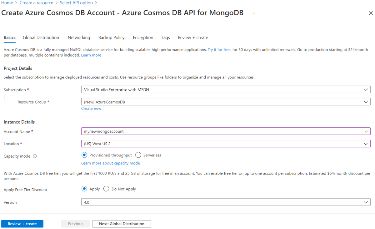 Capture d’écran de la page de nouveau compte pour Azure Cosmos DB.