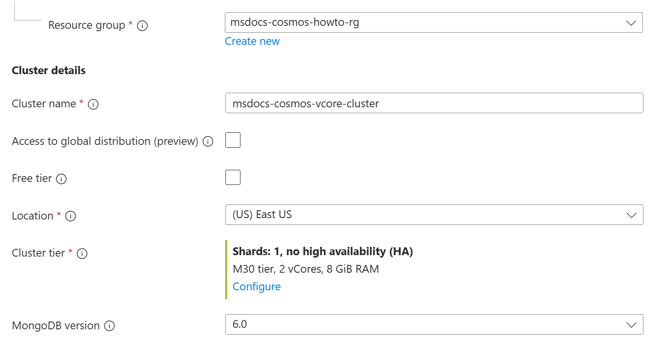 Capture d’écran des différentes options de configuration d’un cluster.