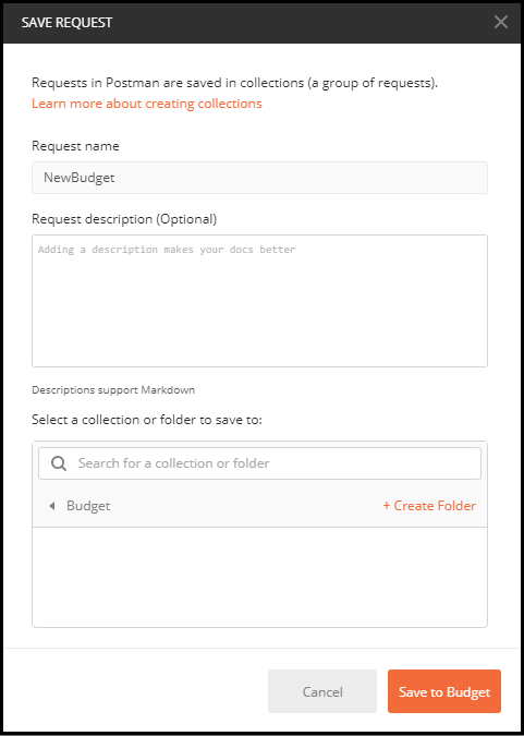 Capture d’écran montrant l’enregistrement de la nouvelle requête dans Postman.