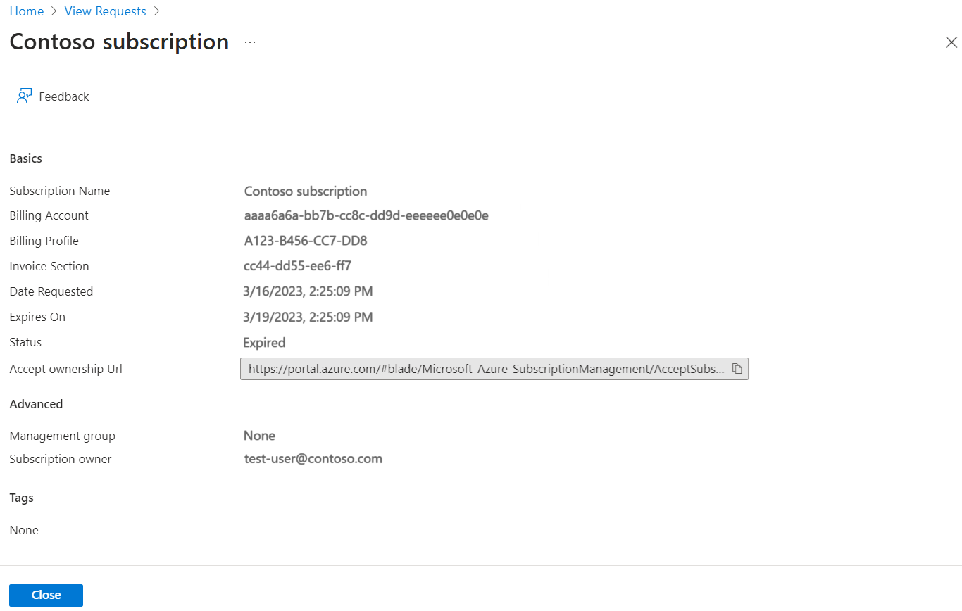 Capture d’écran montrant les détails de la demande pour afficher l’URL Accepter la propriété.