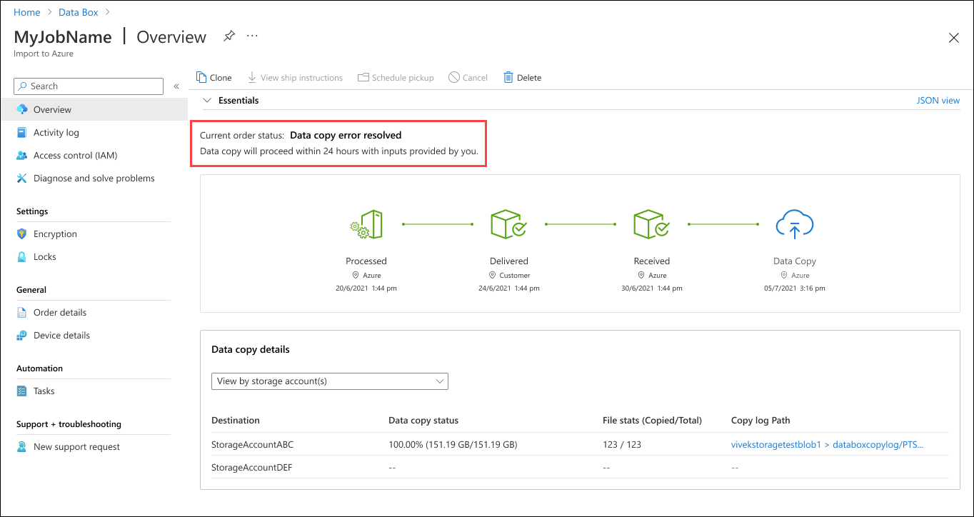 Capture d’écran d’une commande de Data Box avec le statut Data Copy Resolved. Le statut de la commande et le calendrier de traitement sont mis en évidence.