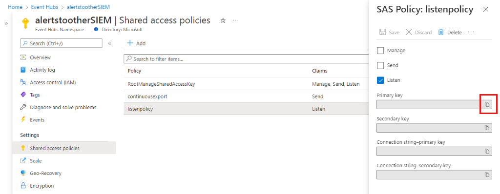 Capture d’écran de la création d’une stratégie d’écoute dans Microsoft Event Hubs.