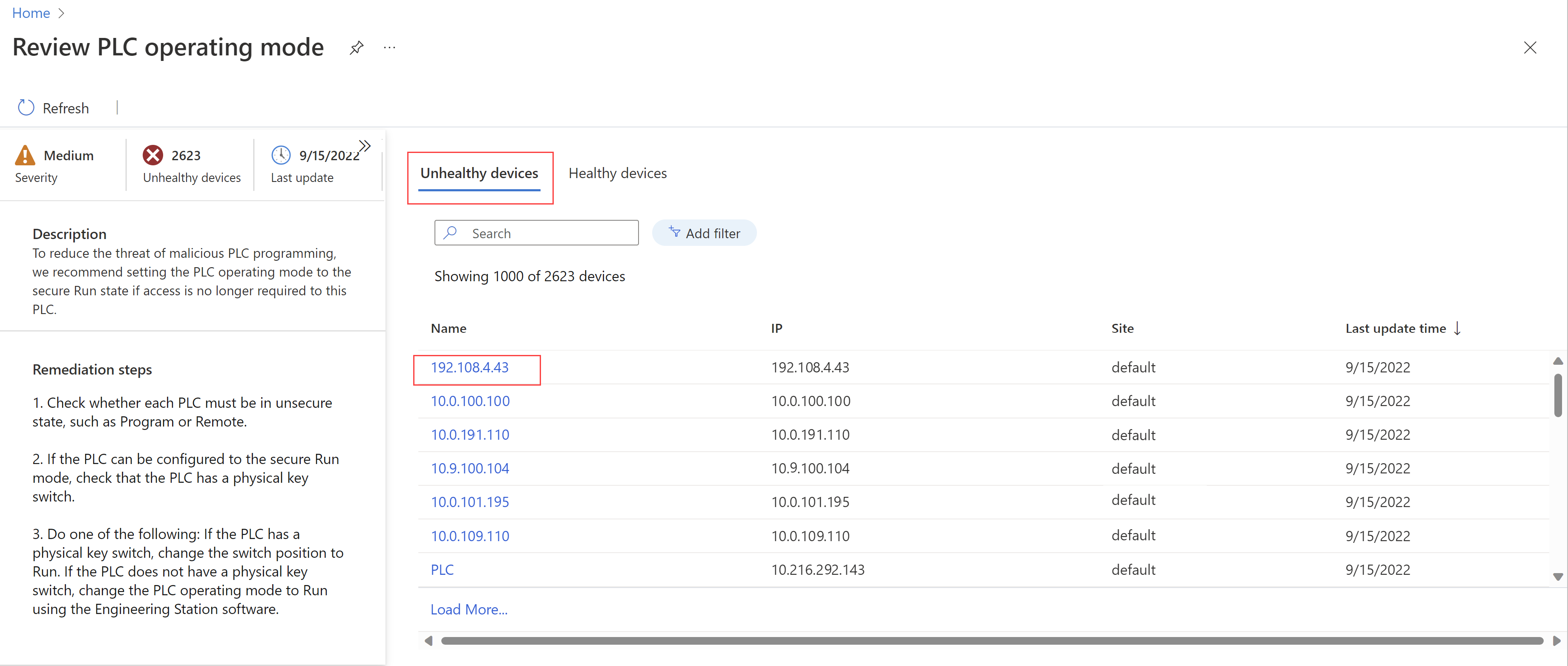 Capture d’écran de la page de la recommandation Passer en revue le mode d’exploitation PLC.