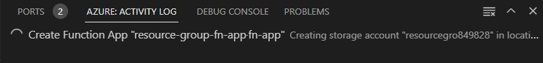 Capture d’écran du journal d’activité Azure de Visual Studio Code montrant l’état de création de ressource.