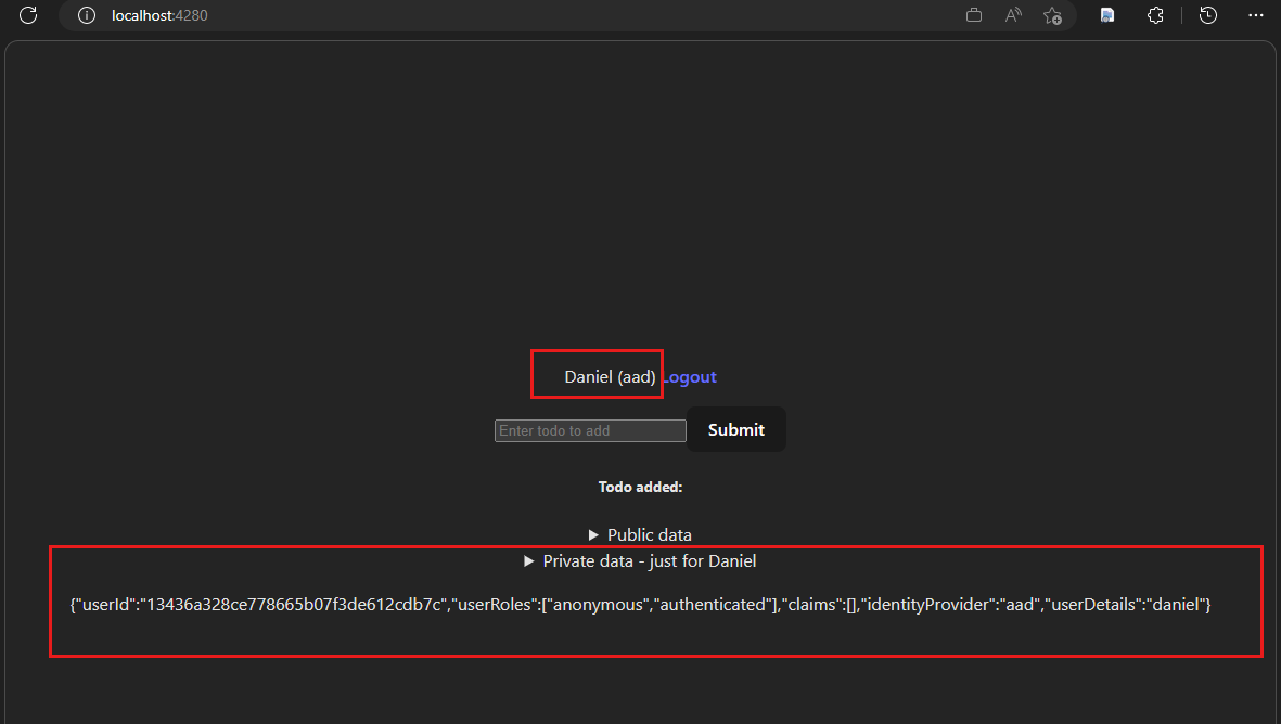 Capture d’écran de l’application React locale avec authentification terminée.