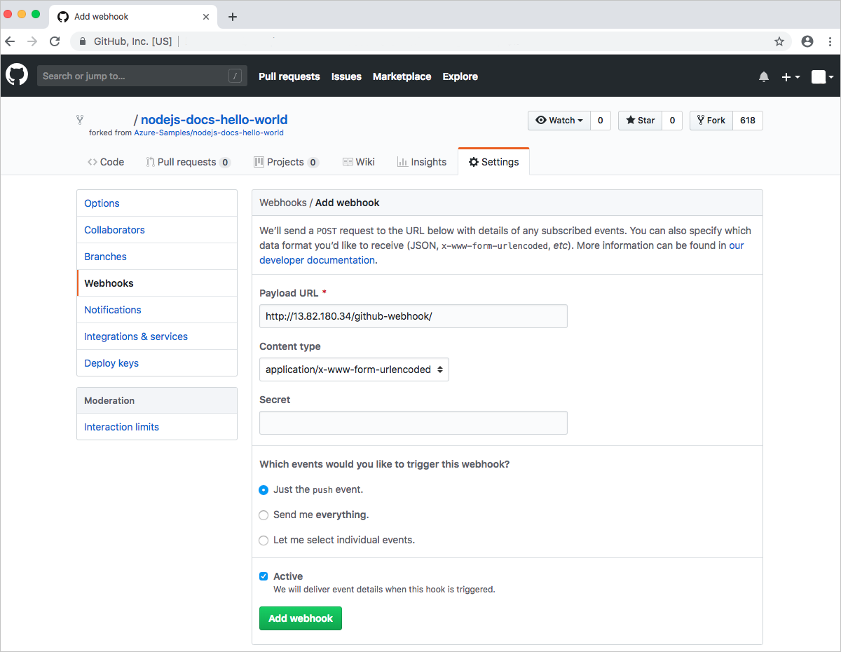Ajouter un webhook GitHub à votre dépôt forked