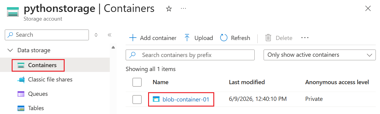 Page du portail Azure pour le compte de stockage affichant le conteneur de blob