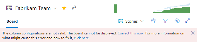 Capture d’écran montrant un message d’erreur de configuration sur un tableau Kanban.