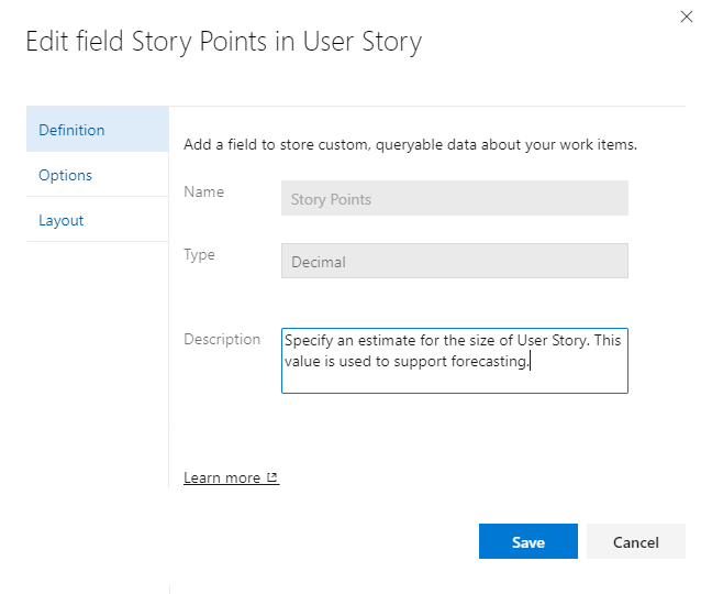 Boîte de dialogue Modifier le champ, User Story, Story Points.