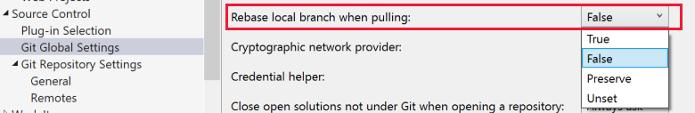 Capture d'écran du paramètre rebase dans les paramètres globaux de Git de la boîte de dialogue Options de Visual Studio.