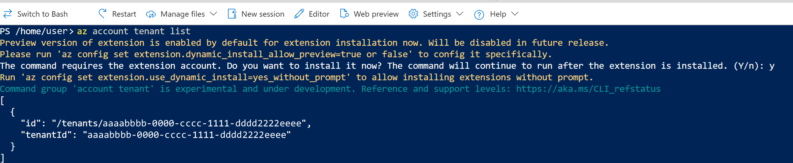 Capture d’écran de la sortie de Cloud Shell de la commande de création d’inscription d’application. La valeur GUID dans odata.metadata est mise en évidence.