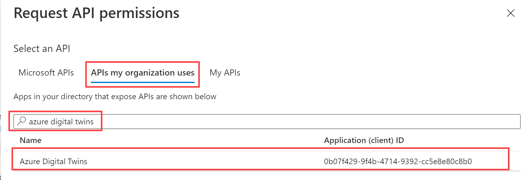 Capture d’écran du résultat de recherche de la page « Demander des autorisations d’API » dans le portail Azure montrant Azure Digital Twins.