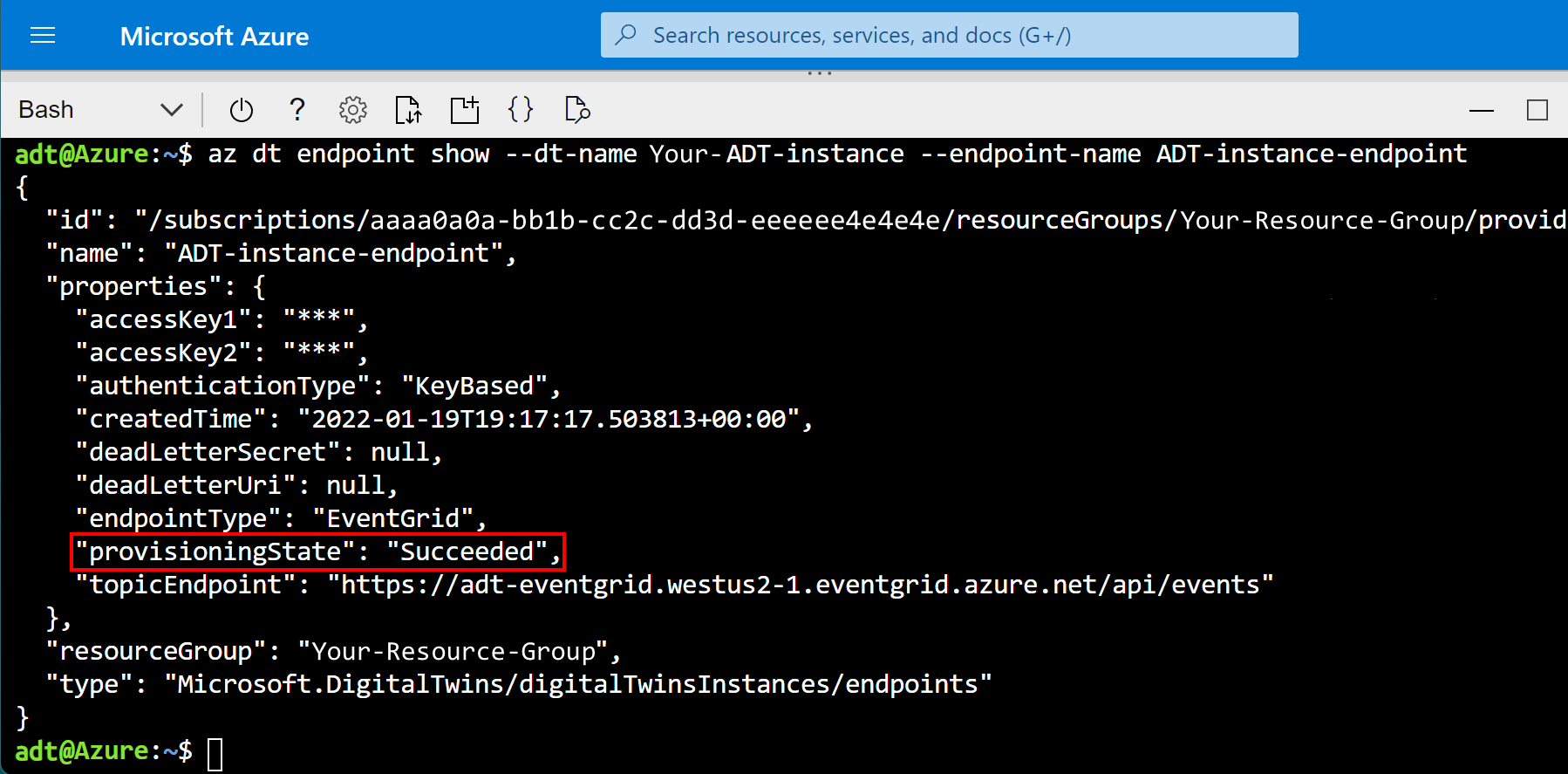 Capture d’écran du résultat de la requête de point de terminaison dans le Cloud Shell du portail Azure, montrant le point de terminaison avec un état provisioningState Réussi.