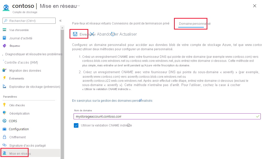 Capture d’écran de la page Ajouter un domaine personnalisé du compte de stockage.