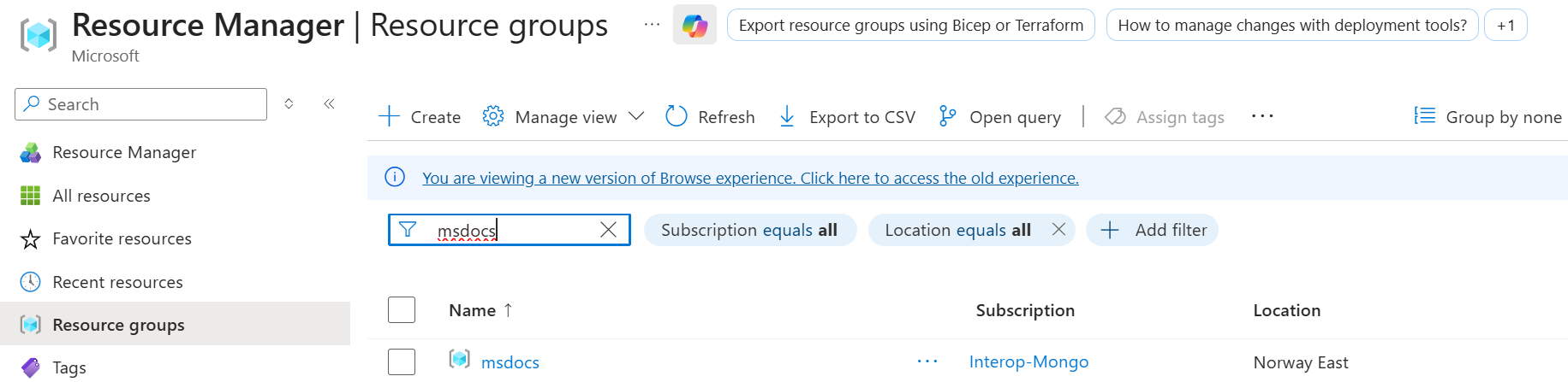 Capture d’écran montrant l’option permettant de rechercher des groupes de ressources.