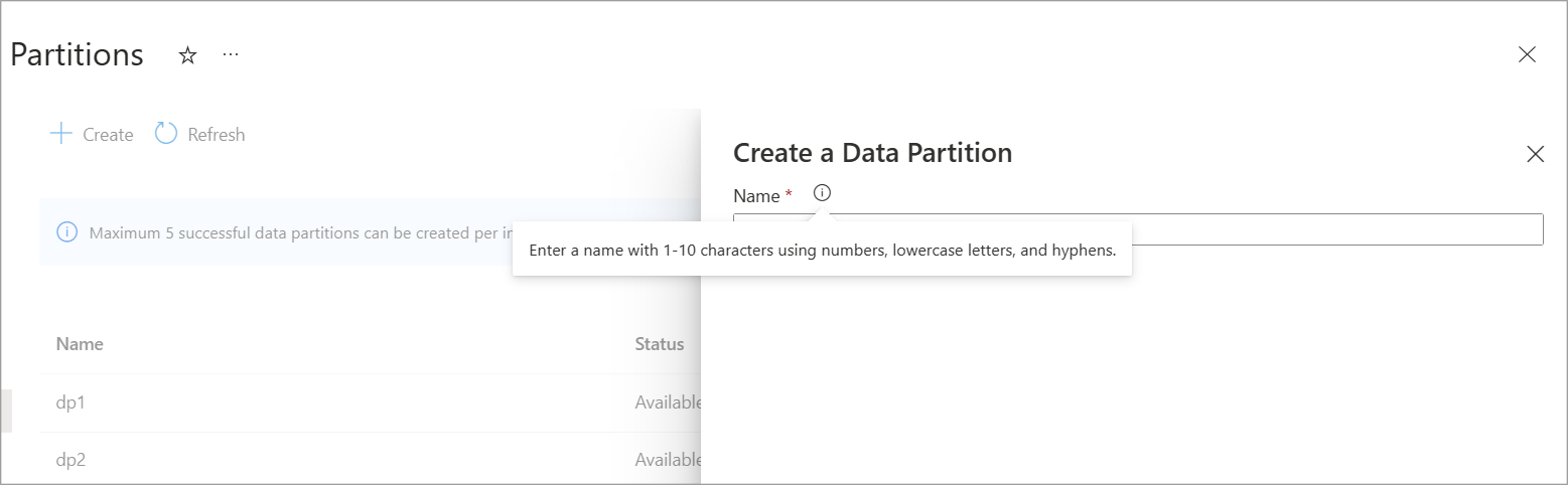 Capture d’écran de la création d’une partition de données avec validation de nom. La page affiche également la validation de nom lors du choix du nom d’une nouvelle partition de données.