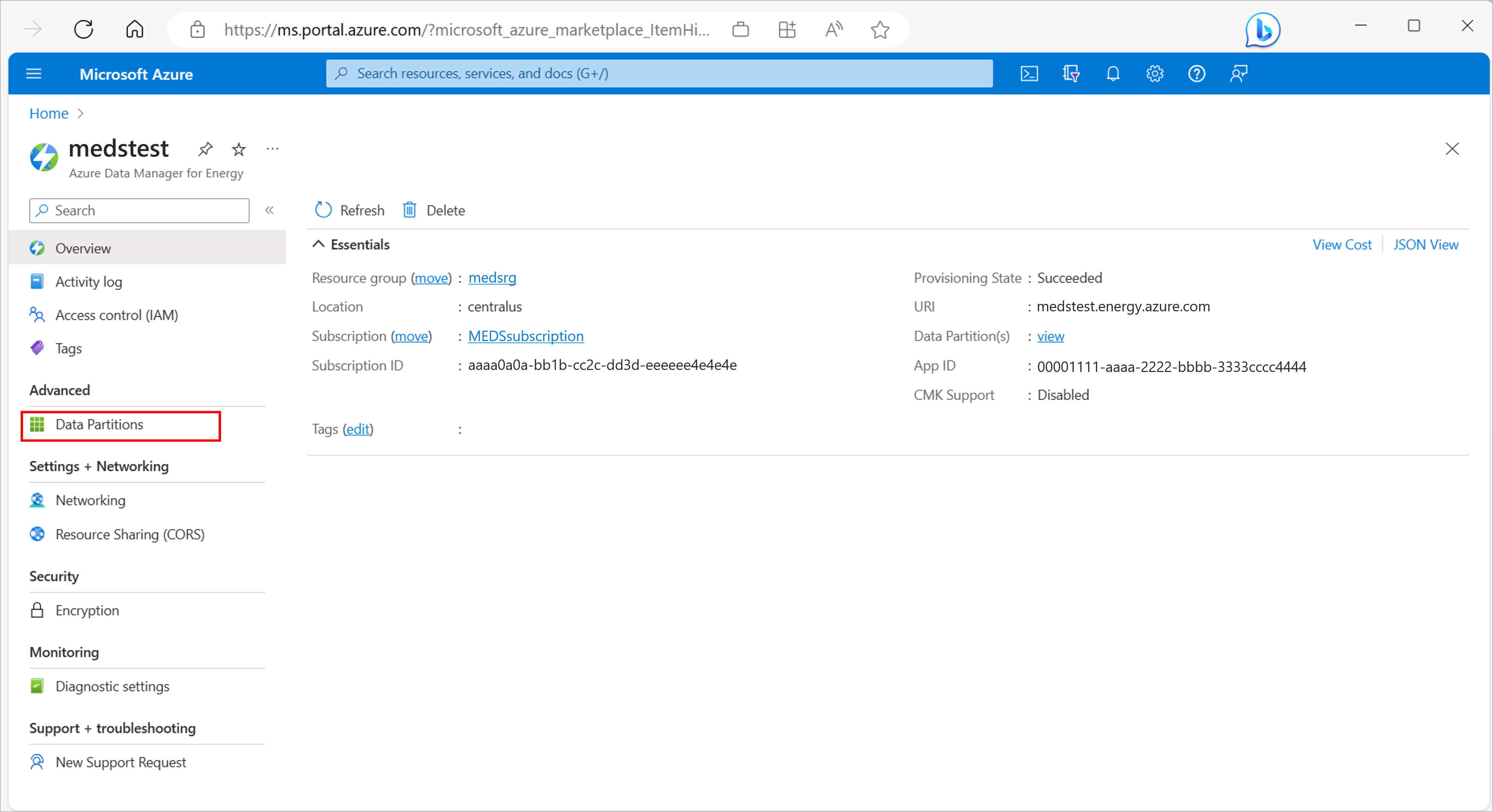 Capture d’écran de la découverte de la fonctionnalité dynamique Partitions de données dans la page de présentation d’Azure Data Manager for Energy. Elle est disponible sous la section « Avancé » dans les éléments de menu.