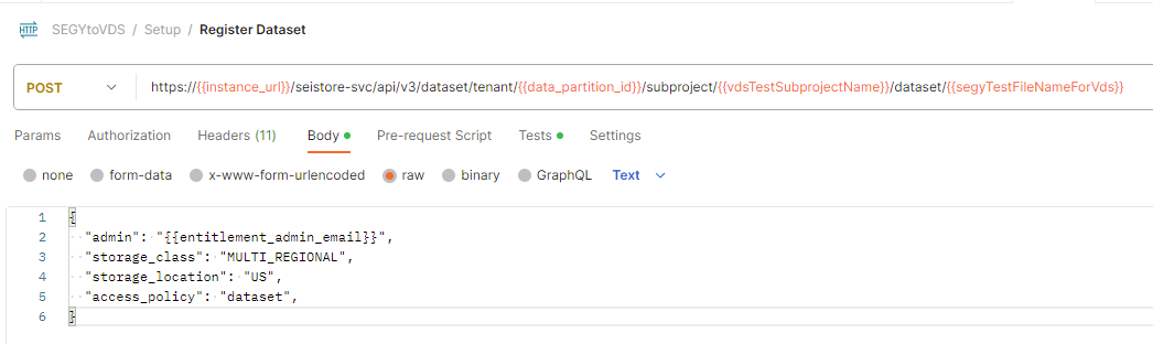 Capture d’écran montrant l’appel d’API pour créer un jeu de données Seismic dans Postman.