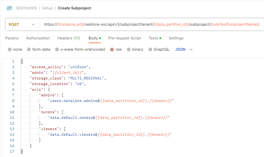 Capture d’écran montrant l’appel d’API pour créer un sous-projet Seismic dans Postman.