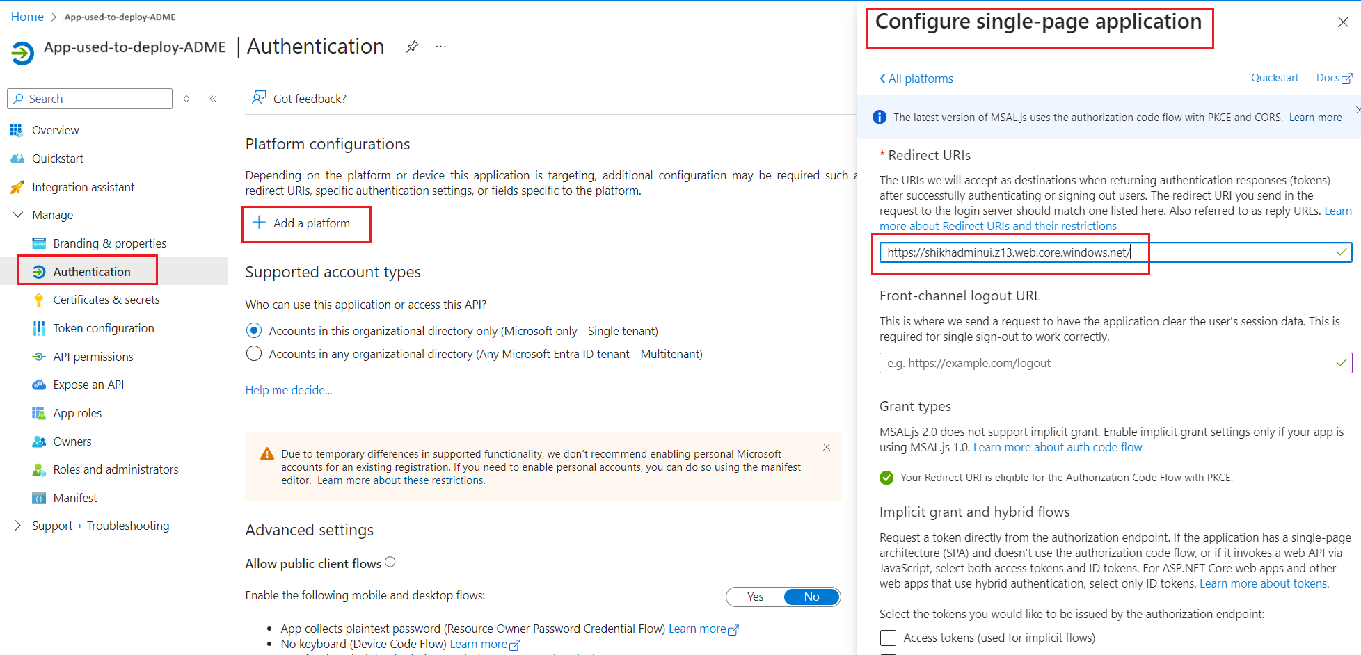 Capture d’écran montrant les URI de redirection pour l’inscription d’application.