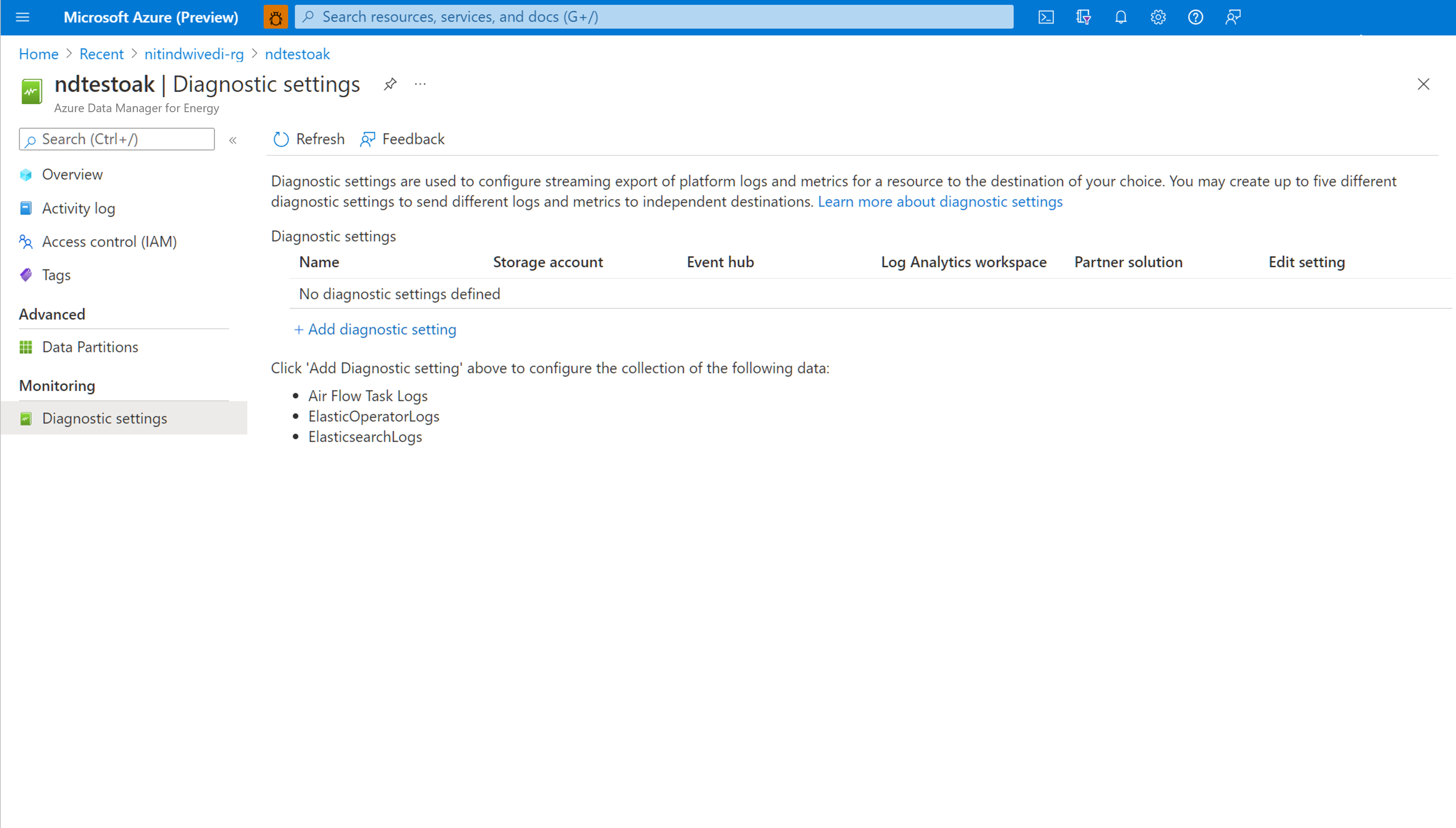 Capture d’écran de la page Vue d’ensemble des paramètres de diagnostic Azure Monitor. La page affiche une liste des paramètres de diagnostic existants et l’option permettant d’en ajouter un nouveau.