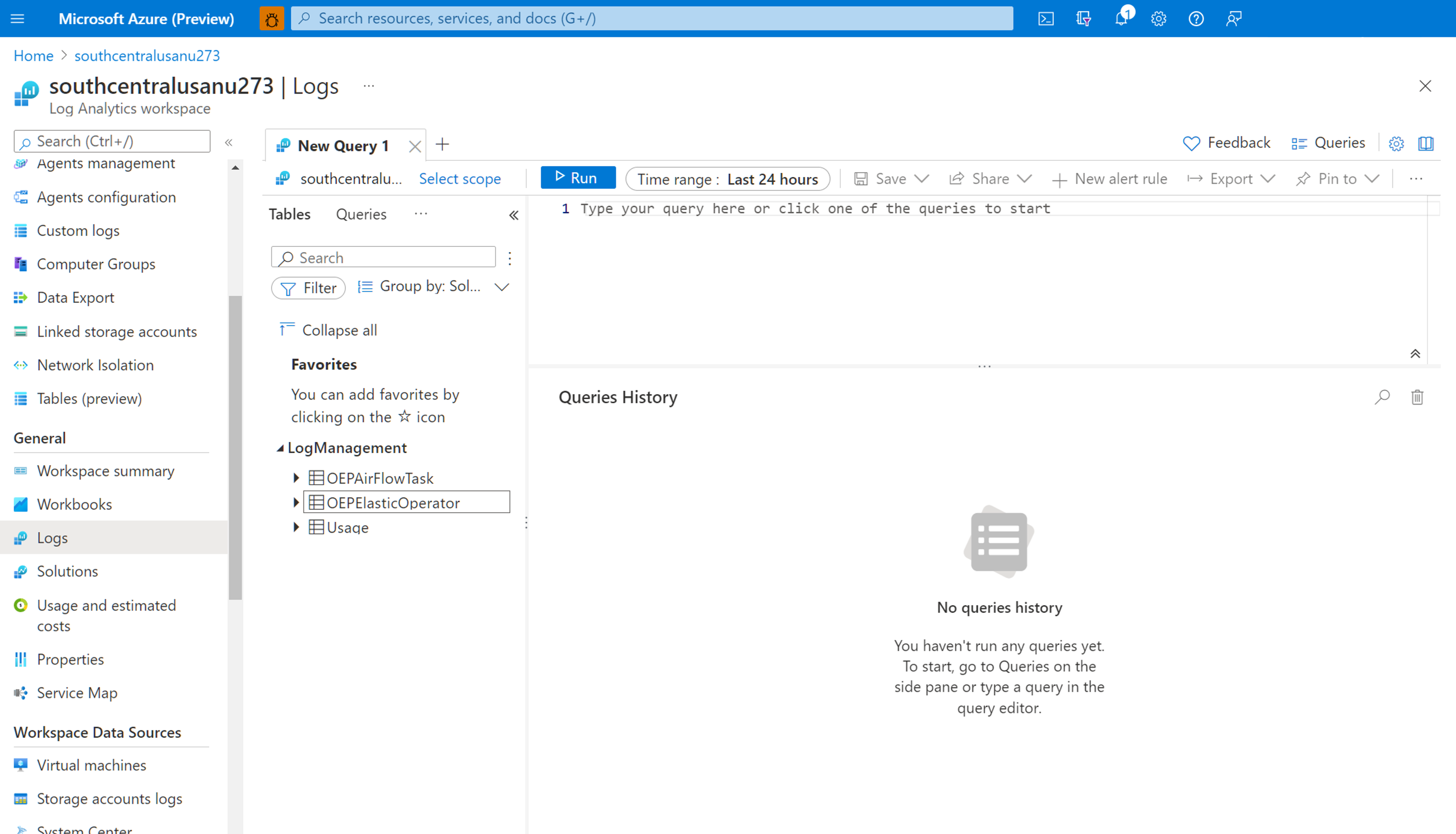 Capture d’écran de la page Log Analytics d’Azure Monitor pour afficher les journaux d’activité collectés. Sous Gestion du journal, les tables de toutes les sources seront visibles.