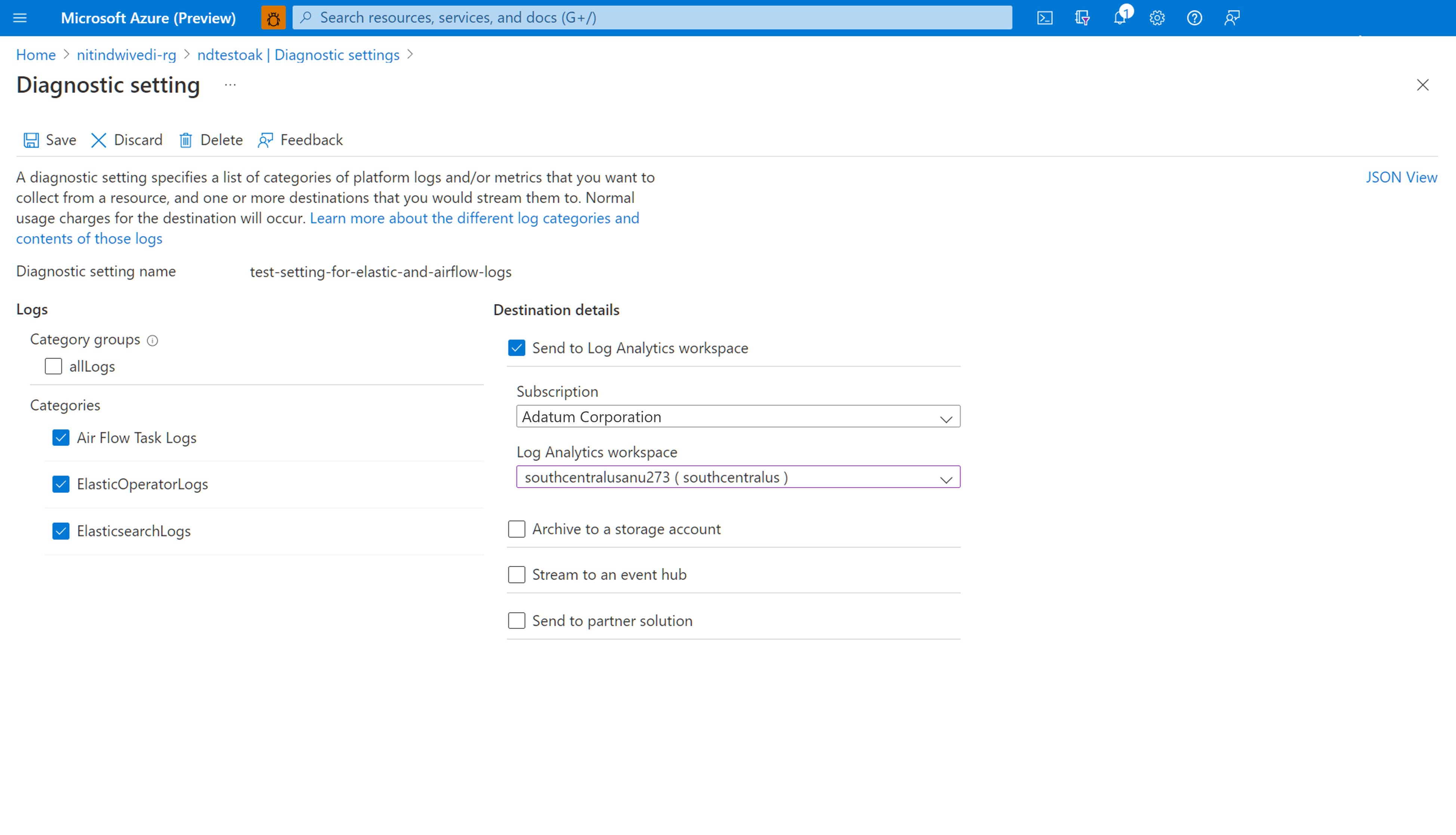 Capture d’écran de la page de création d’un paramètre de diagnostic. Elle affiche les options permettant de sélectionner l’abonnement et l’espace de travail Log Analytics avec lequel effectuer l’intégration.
