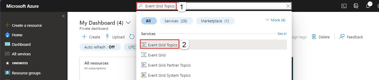 Capture d'écran montrant la barre de recherche du port Azure pour rechercher les rubriques Event Grid.