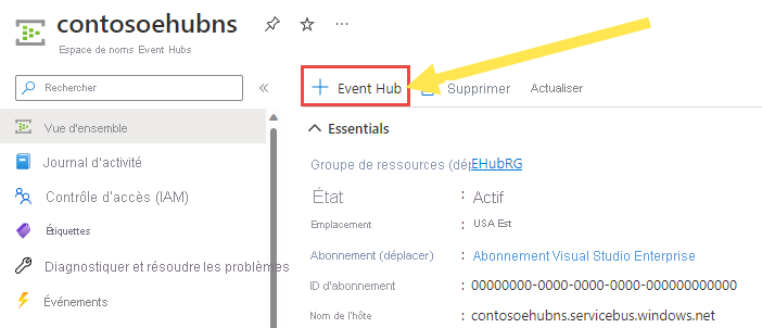 Capture d’écran de la sélection du bouton Ajouter un Event Hub dans la barre de commandes.
